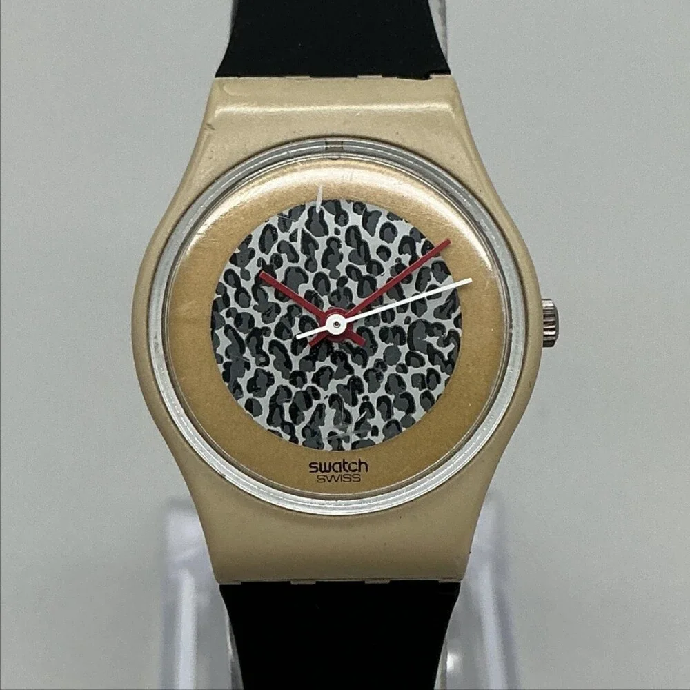 Vintage Swatch BG/BC Womens Watch 25mm Gold Tone Leopard Dial Black Band LT102